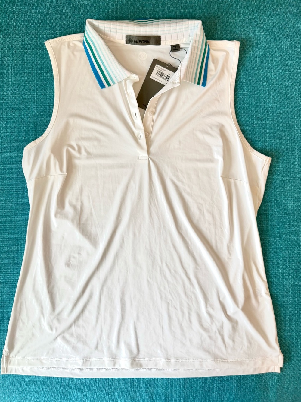 G/FORE White Sleeveless Polo Tank with Blue & Teal Stripe Collar